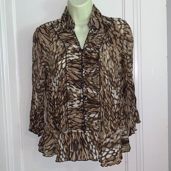 New Directions petite brown water colors ruched front crinkle cloth blouse - Picture 1 of 9